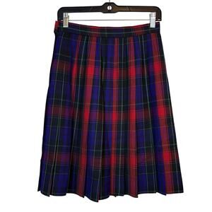 VTG Talbots A Line Pleated Wool Tartan Plaid Skirt size 6 Red Purple Academia